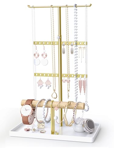 jockcaras Schmuck-Organizer mit Halskettenhalter: Goldfarbener Schmuckständer zur Aufbewahrung von Ohrringen und Armbändern