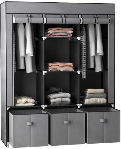 HOMCOM Armoire de Rangement en Tissu penderie Pliable avec 5 étagères, 2 Barres de Suspension et 3 tiroirs en Tissu - 125L x 43l x 162.5H cm, Gris