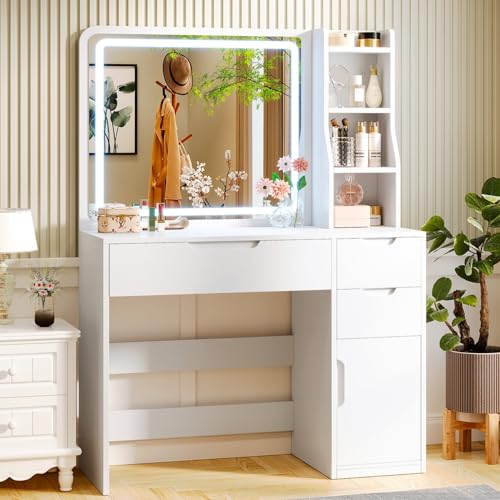 Brinlawb Schminktisch mit Beleuchtung und Spiegel 3 Farben mit Einstellbarer Helligkeit Kosmetiktisch mit 3 Schubladen 3 Regalen und 1 Schrank mit Tür Make up Tisch Frisiertisch für Schlafzimmer Weiß