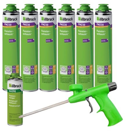 FM230 Bauschaum Fenster und Fassadenschaum PLUS, bis zu 30% flexibel, Montageschaum Fensterschaum hohe Schalldämmung Wärmedämmung 750ml Kombisets (mit Reiniger AA290 + Schaumpistole Illbruck, 6x)
