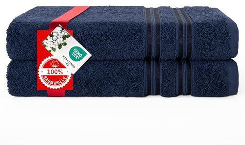 Hammetex 2er Badetücher Set, 100% Baumwolle Premium Qualität Groß 70x140cm Duschtücher, Weich Saugstark Schnell Trocknendes Badetücher, Dunkelblau