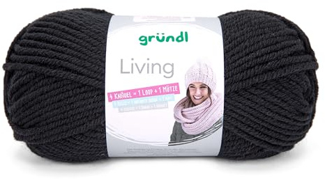 Gründl Wolle Living 1 Knäuel 100 g, Schwarz | Strick- und Häkelgarn - waschbares Garn - 80 % Polyacryl, 20 % Polyamid - 100 g / 100 m - Nadelstärke 8-9
