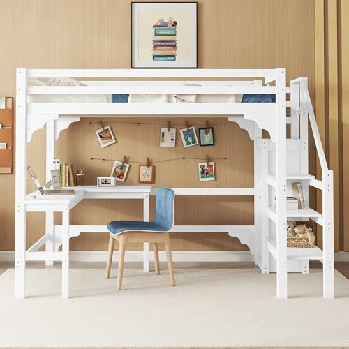 Kinderbett Hochbett 140x200cm, Doppelbett mit L-förmiger Schreibtisch und Offener Kleiderschrank, Funktionsbett mit Treppe & Rausfallschutz & Lattenrost, Stockbett Jugendhochbett, Ohne Matratze, Weiß