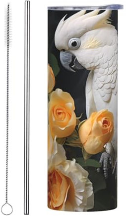 YYHWHJDE Schöner Edelstahlbecher mit Kakadu-Vogel-Motiv, 590 ml, mit Strohhalm, geeignet für Cafés, Büros, Autos, Häuser usw