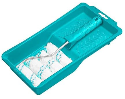 TOTAL - Juego de 6 Piezas - Rodillos + Bandeja - 4 Rodillos de Polyester de 100 mm - Incluye Bandeja de 305 x 150 mm - Soporta 25 Kg - Incluye Portarodillos - Adecuado para Interiores - Azul