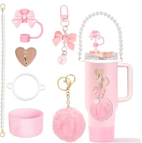 7 Pieces Stanley Cup Accessories Set Including Water Bottle Handle Strap, Shiny Stanley Cup Boot, Siliocne Straw Cover, Stanley Charms for Stanley Cup 40oz & 30oz Tumbler for Xmas Gift (Pink)