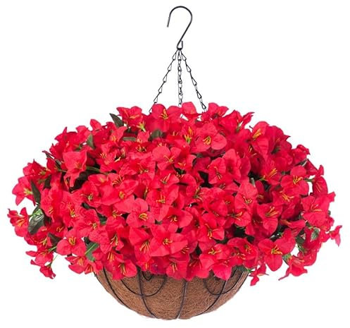 Artificial Fake Hanging Flowers for Outdoors with Basket Faux Plants Silk Bougainvillea Flower in Planter Look Real UV Resistant Faux Flower for Outside Porch Patio Garden Yard Home Decor, Red