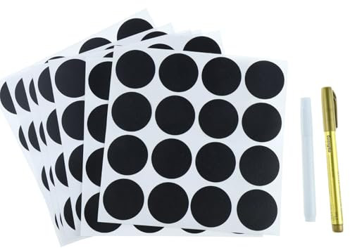 112 Stück Etiketten Selbstklebend, Schwarz Runde Tafel Aufkleber, Sticker zum Beschriften mit 2 Stiften, 4cm Löschbar Vorratsetiketten, Wasserfest Küchenetiketten für Gewürzgläser, Marmeladen