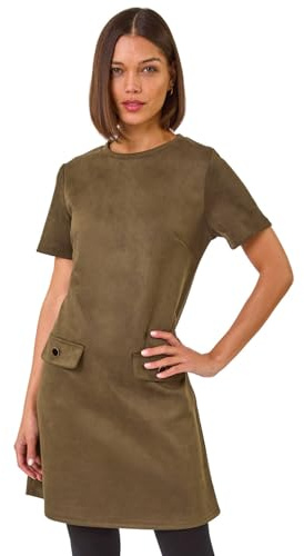 Roman Originals Suedette Button Shift Stretch Dress for Women UK - Ladies Everyday Autumn Winter Round Neckline Comfy Soft Evening Vacation Work Party Night Out - Khaki - Size 14