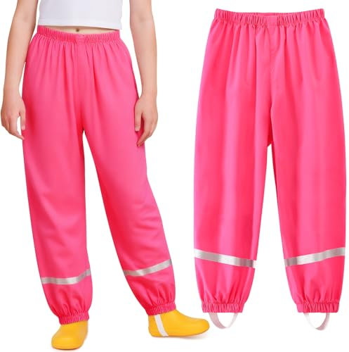 Domueay Regenhose Kinder Matschhose Mädchen Wasserdicht Winddicht Buddelhose Ungefüttert Atmungsaktiv Dünn Überziehhose Reflektierend Regenbekleidung für 9-10 Jahre, 134-140 Rosenrot