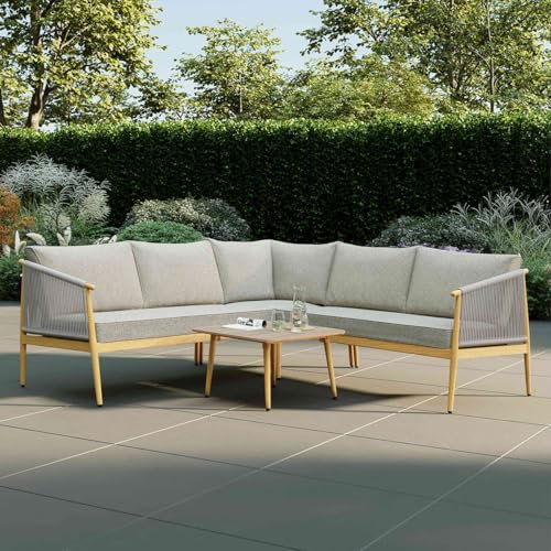 Charles Bentley 4-5 Seater Corner Sofa Set, Outdoor, Wood Effect, Rope Weave, Weather Resistant, UV Protected, Light Grey, Brown, Wood Effect Frame, Thick Cushions, Aluminium Frame