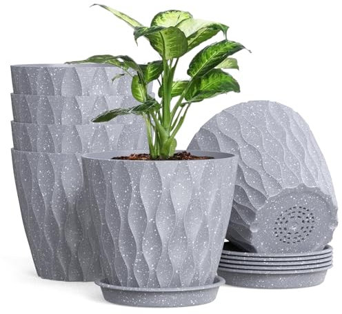 Homeuouz 12.5CM 6 Pack Plastic Plant Pots, 5 Inch Flower Pots Indoor with Drainage Holes Saucer for All House Plants(Grey With Speckles)