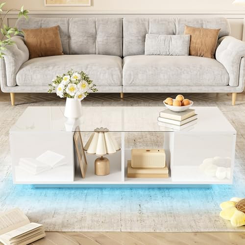 Merax Moderner weißer Couchtisch mit LED-Beleuchtung – 120 x 50 x 38,5 cm, Hochglanz-Tischplatte, Glasplatte, Bluetooth-Steuerung, Stauraum für Bücher und Zeitschriften