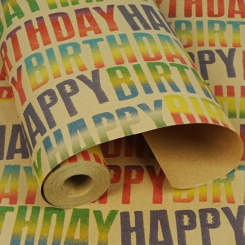 Geschenkpapier Geburtstag Rolle, 15m×43cm Bunte Happy Birthday Geschenkpapierrolle, Geschenkpapier Kraftpapier mit Aufklebern und Schnur für Mädchen, Jungen, Männer, Frauen, Geburtstage, Party