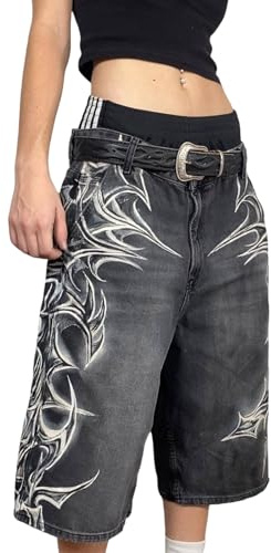 Pantaloncini in Denim Larghi da Uomo Y2K con Stampa Hip Hop alla Moda Casual a Gamba Larga Dritti da Skate Corti Pantaloni da Lavoro Larghi retrò Streetwear