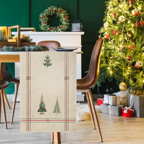 DecoHomeTextil Leinen Optik Christmas Tischläufer Beige Rechteckig 40 x 140 cm wasserabweisend, Weihnachten, Tanne, X-Mas