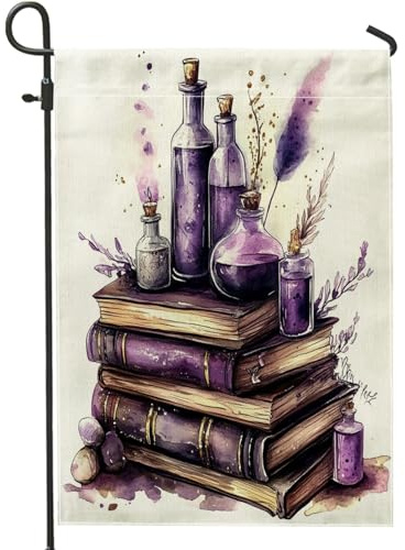 Livre magique de sorcière d'Halloween, drapeaux de jardin de 30,5 x 45,7 cm pour l'extérieur, bougie de potion effrayante effrayante en lin standard, sorcière effrayante avant cour, cour, pelouse