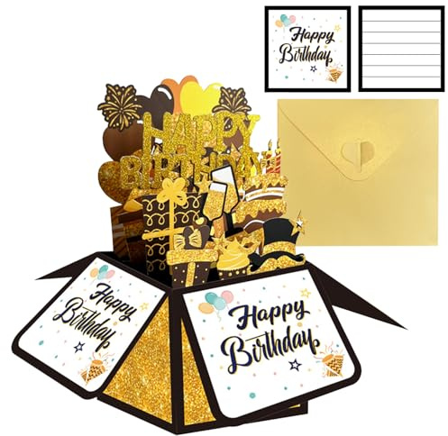 Geburtstagskarten für Frauen, 3D Geburtstagskartenbox in Schwarz & Gold Pop Up für Männer, Pop Up Geschenkkarte Box mit Umschlag, Personalisierte Grußkarte für