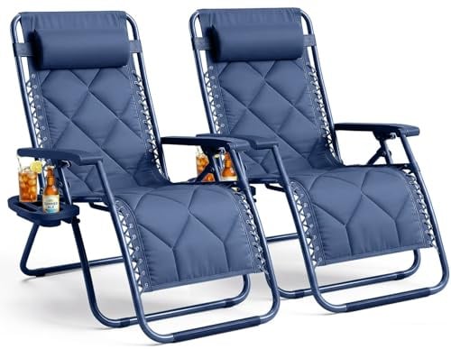 KEPLIN Set of 2 XXL Premium Heavy Duty Padded Diamond Zero Gravity Chairs - Luxurious Garden Recliners, Adjustable Headrest, Cup & Phone Holder, Foldable, Patio Sun Loungers - 150kg Weight Capacity