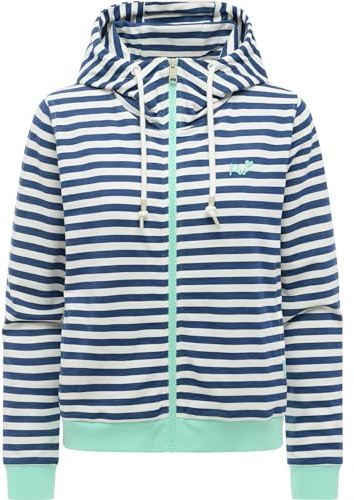 Ragwear Damen Kurze Sweatjacke gestreifter Zipper mit Verstellbarer Kapuze und süßer Stickerei Parya Stripes Navy Gr. XL