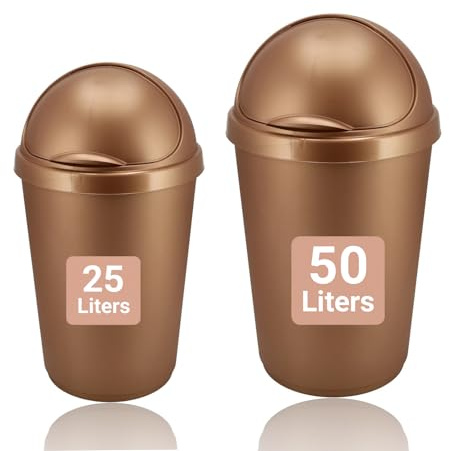 Poubelle 50L et 25L Or Rose - Poubelle avec Couvercle Swing & Coulissant - Poubelle Plastique 50 Litres - Cuisine & Bureau