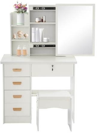 HHEMSTD Tocador con espejo, tocador independiente, 80 × 35 × 128 cm, mesa cosmética con silla, 5 cajones y 3 estantes ocultos, con cerradura, juego de vanidad para dormitorio (blanco)