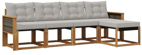 vidaXL Outdoor-Sofagarnitur mit Kissen 5 pcs Natürlich und Hellgrau, Gartenmöbel, modernes, langlebiges Outdoor-Sofa, Eckset für Terrasse, Bequeme Lounge und Sitzgelegenheit