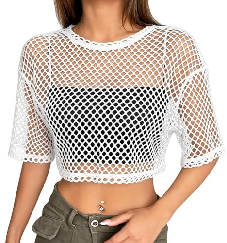 TouKingda Mesh Fishnet Tops for Women Sexy Short Sleeve Crop Top | Fishnet Novelty T-shirt Y2K Sheer Dance Tops Clubwear Ladies Disco Retro Festival Outfits Fancy 1980s Costume