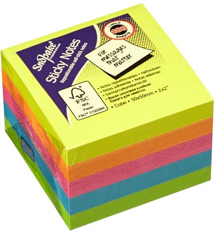 Snopake 50 x 50 mm Neon Assorted Sticky Notes [Pack of 1, 400 Sheets per Pad] 13223