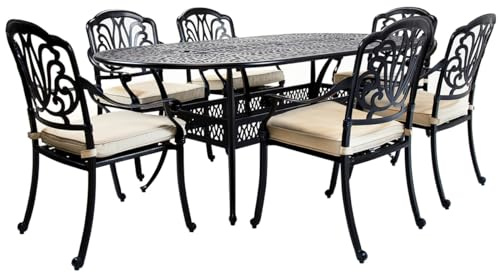 CHARLES BENTLEY Cast Aluminium Garden Table & 6 Chairs Set, 218x106x90cm