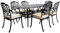 Charles Bentley Cast Aluminium Round Table And 6 Chairs Set, Black, Outdoor Table, with Six Beige Cushions, Garden, Patio, With Central Hole For Parasol, Weatherproof, Armchairs (218x106x90cm)