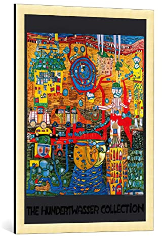 kunst für alle Bild mit Bilder-Rahmen: Friedensreich Hundertwasser Das 30 Tage Fax Bild - dekorativer Kunstdruck, hochwertig gerahmt, 59x84 cm, Gold gebürstet