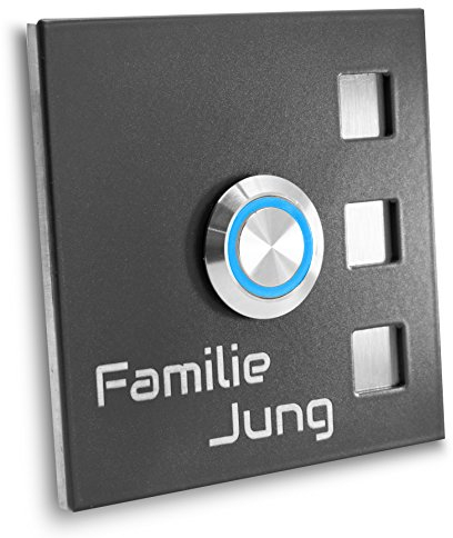 Jung-Edelstahl-Design Türklingel mit Gravur anthrazit Ral7016 pulverbeschichtet. Haustürklingel 70x70 mm Klingel Taster Led blau Klingelplatte Köln