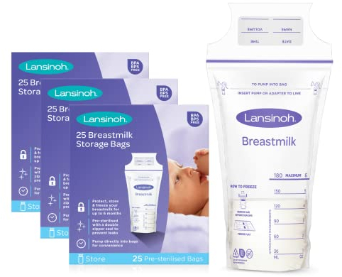 Lansinoh Breast Milk Storage Bags Breastmilk Pouches for fridge or freezer use, store flat or standing, BPA and BPS free, pre-sterilised, double zipper seal, Pack of 75