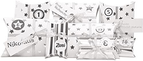 Frau WunderVoll® DIY Adventskalender zum Befüllen HoHoHo Metallic, matt weiß, Silber/Weihnachtskalender Bastelset Weihnachten,Schachteln,Kissenschachteln, Pillowbox, Kinder, Zahlen, Geschenkbeutel