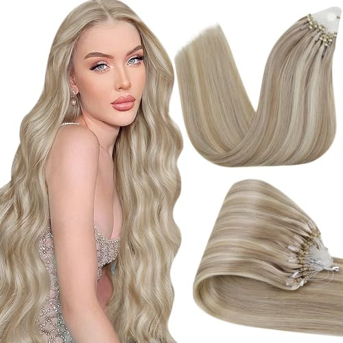 Hetto Microring Extensions Echthaar 45 cm Blond Extensions Echthaar Microring Highlights Mittel to Goldene Blond Invisible Micro Loop Remy Haarverlangerung 50 stück 50g #17/23