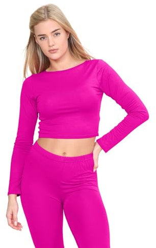 Hamishkane® Womens Long Sleeve Crew Neck Crop Top, Plain Slim Fit Summer Tops for Women UK, Soft & Stretchy Casual Wear Cropped Top, Stylish Going Out Tops Neon Pink