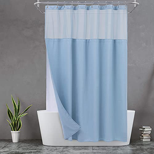 N&Y HOME Set aus Waffelgewebe-Duschvorhang mit einknöpfbarem Innenfutter und Haken, Hotel-Stil, wasserfest und waschbar, Schwerer Stoff, Netzfenster Oben, 180,3 x 182,8 cm, Blau