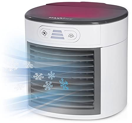 MAXXMEE Luftkühler Kompakt | 3 einstellbare Leistungsstufen | Luftkühler und Luftbefeuchter | UV-Licht, Ventilator mit waschbarem Schwammverdunstungselement | Wassertank (450 ml) [weiß/grau]