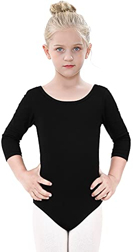 Kefiyis Ballettanzug Mädchen 3/4 Langarm Turn-Leotards Ballett Gymnastik Turnanzug Trikot aus Baumwolle für Kinder (130, Schwarz)