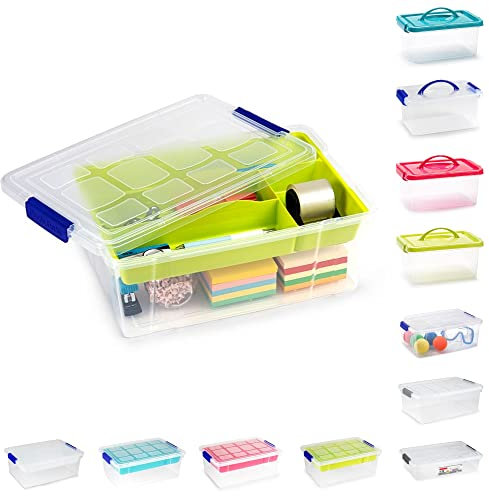 Plastic Storage Box Lightweight Robust Stackable Storage Boxes with Lid, Clear Latch Boxes, Plastic Organiser, Space Saving Solution for Home Office (9L - Storage Box with Green Tray)