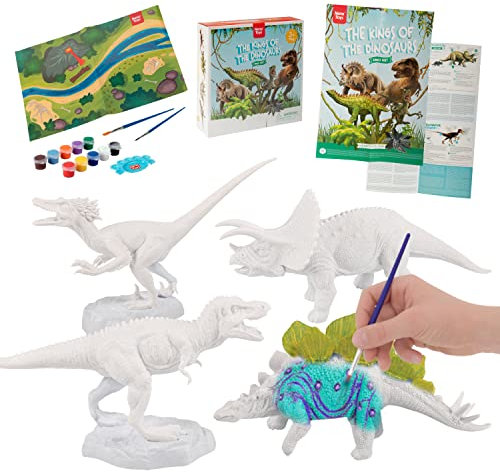 Nene Toys Dino DIY-Set für Kinder 3–7 Jahre alt [Die Könige der Dinosaurier] – Spielset: 4 Dinosaurier, 2 Farbsets, 2 Pinsel, Lernposter, Spielmatte – Spielzeug-Klassiker zum Malen & Basteln