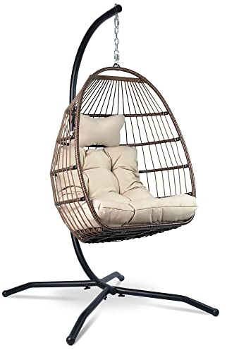 Vita5 Silla Colgante de Jardín – Silla Huevo con Cojìn y Almohadilla para Descansar - Columpio Colgante para Interior y Exterior - Silla Plegable - Estructura Metálica Carga máx. 150 kg - Beige-Marrón