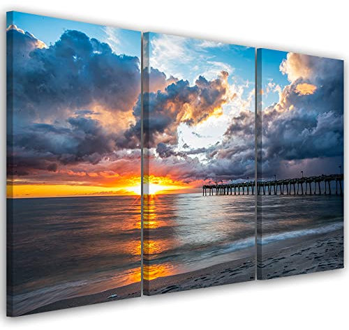 Feeby 3-teilig Wanddeko 90x60 cm Meer Strand Wellen Himmel Leinwandbild Design Kunstdruck Zimmerdeko Bilderwand Pier Wolken Sonnenuntergang Orange