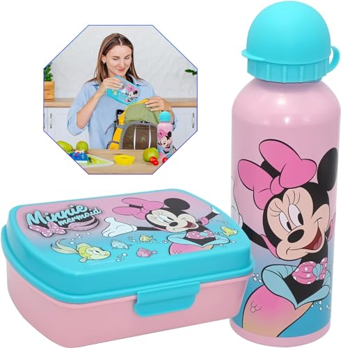 HOVUK Set da 2 Pezzi di Minnie Mouse Lunch Box e Borraccia in Alluminio da 500 ml per la Scuola dei Bambini, Picnic da Viaggio a Prova di Perdite dai 3 Anni in su