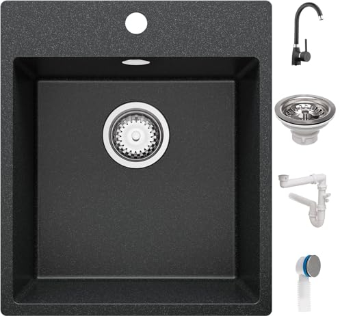 PRIMAGRAN Fregadero Granito Negro 43x50cm, Cocina 1 Seno + Grifo 32x20cm + Sifón, Sobre encimera al mueble 45cm - Riga
