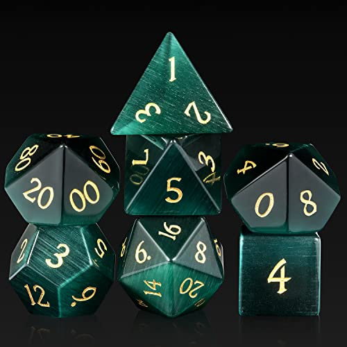 DNDND Katzenaugen-Edelsteinwürfel, 7 Stück, grüne Steinwürfel mit wunderschöner Geschenkbox, für DND-Dungeons und Drachen-Tischspiele (grünes Katzenauge)