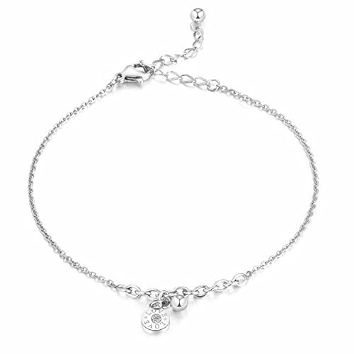 Kim Johanson Edelstahl Damen Fußkettchen *Verschiedene Modelle* in Silber | Fußkette mit Kugeln, Coins & Zirkonia | Fußband Rostfrei & Wasserfest | Frauen Boho Schmuck | Verstellbar inkl Schmuckbeutel