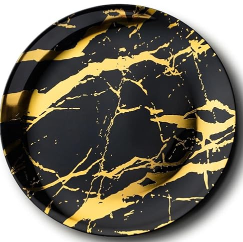 Decorline - Vassoio da Portata - Set di 4 - Robusti Piatti da Portata in Plastica Riutilizzabili un aspetto Marmor, Vassoio Decorativo e Elegante, buffet delle feste - Tondo Ø 35 cm - Nero/Oro
