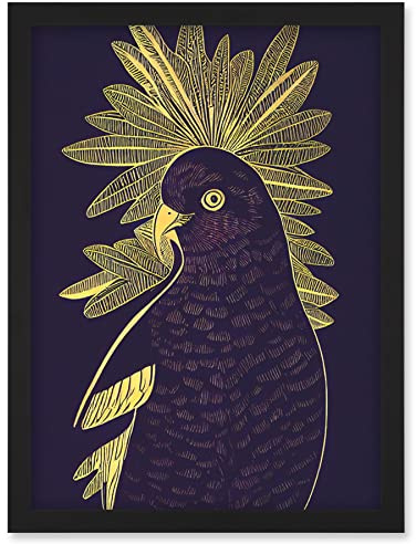 Wee Blue Coo Detailed Stylish Dark Deep Purple Yellow Gold Parrot Tropical Plant Illustration Artwork Framed Wall Art Print A4